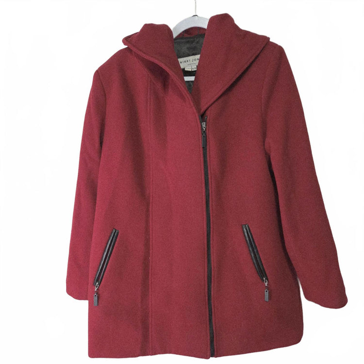 Nikki Jones Montreal Red Hooded Zip Peacoat Wool Cashmere size XL