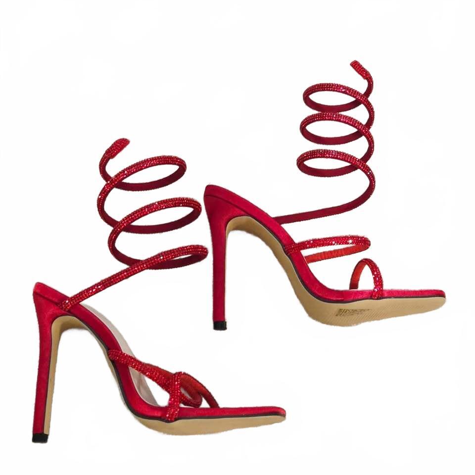 Red Satin Rhinestone Snake Spiral Stiletto Heels Sandals size 7.5-8