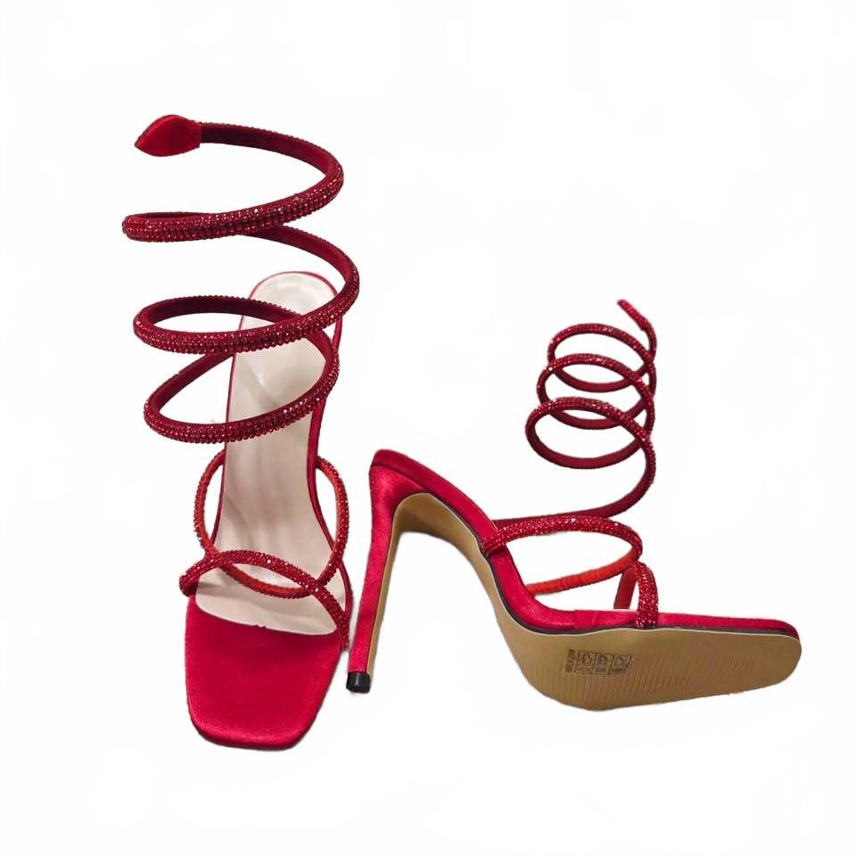 Red Satin Rhinestone Snake Spiral Stiletto Heels Sandals size 7.5-8
