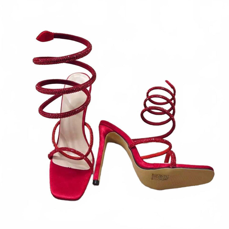 Red Satin Rhinestone Snake Spiral Stiletto Heels Sandals size 7.5-8