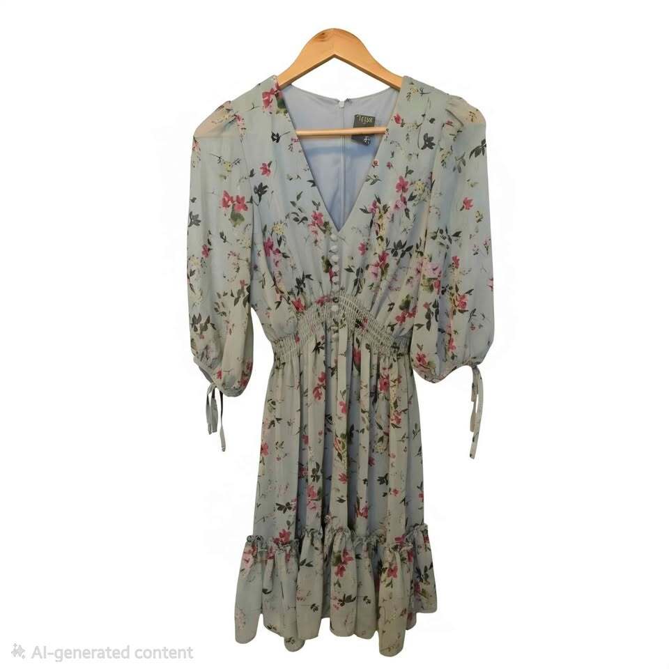 Robe Taylor à fleurs, col en V et taille smockée, taille M, taille 8