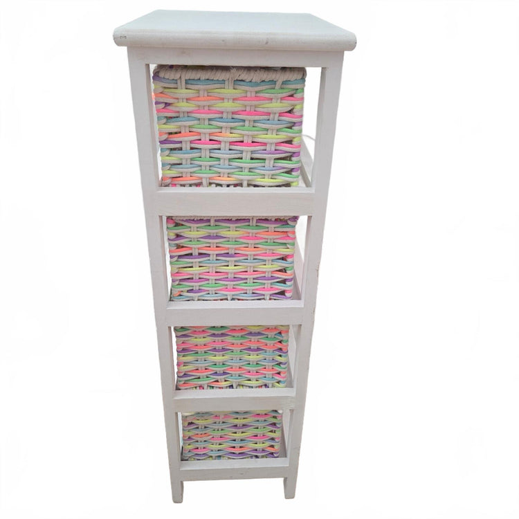 White 4-Tier Wooden Storage Tower Chest with Pastel Woven Basket Drawers