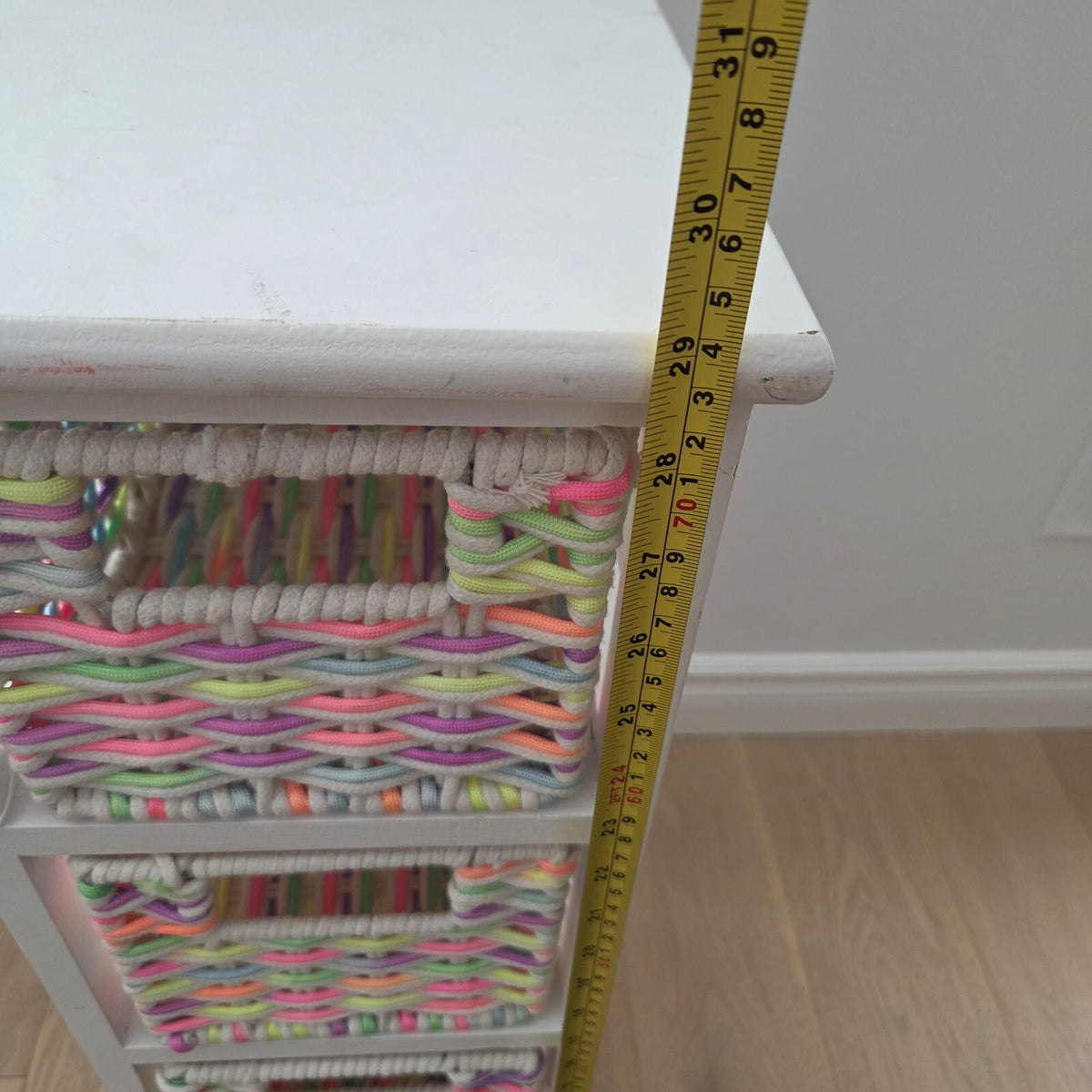 White 4-Tier Wooden Storage Tower Chest with Pastel Woven Basket Drawers