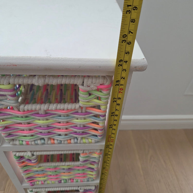 White 4-Tier Wooden Storage Tower Chest with Pastel Woven Basket Drawers