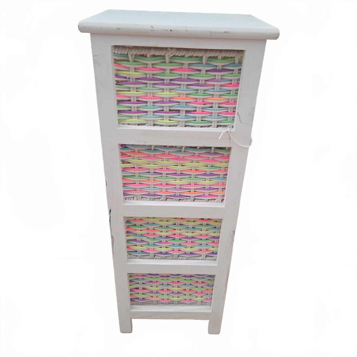 White 4-Tier Wooden Storage Tower Chest with Pastel Woven Basket Drawers