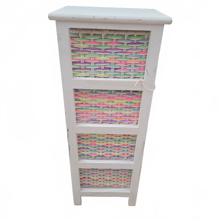 White 4-Tier Wooden Storage Tower Chest with Pastel Woven Basket Drawers