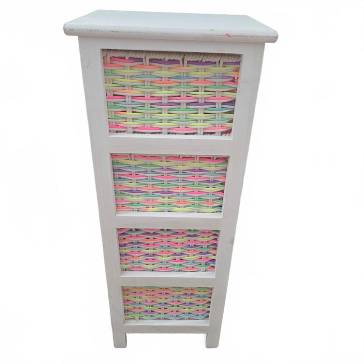 White 4-Tier Wooden Storage Tower Chest with Pastel Woven Basket Drawers