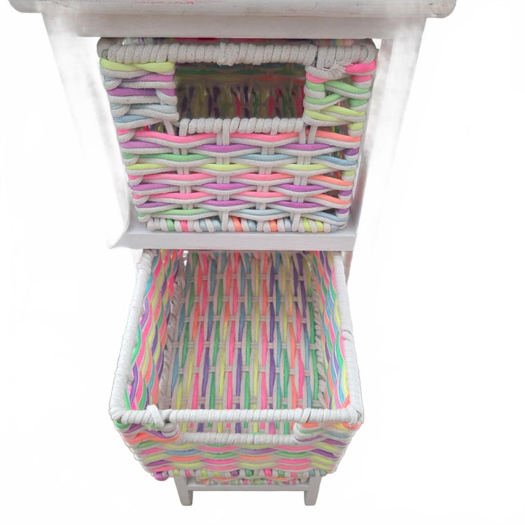 White 4-Tier Wooden Storage Tower Chest with Pastel Woven Basket Drawers