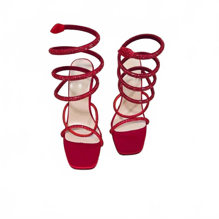 Red Satin Rhinestone Snake Spiral Stiletto Heels Sandals size 7.5-8