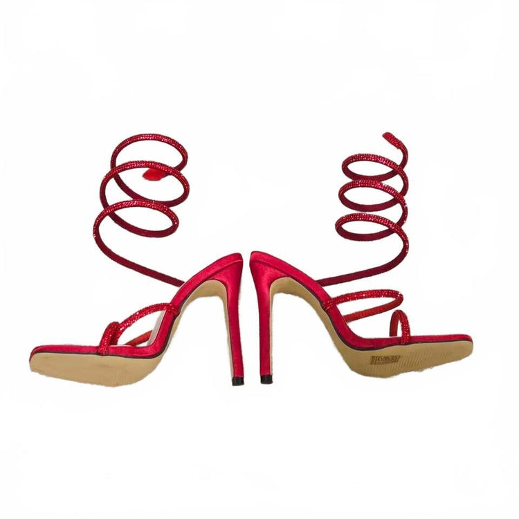 Red Satin Rhinestone Snake Spiral Stiletto Heels Sandals size 7.5-8