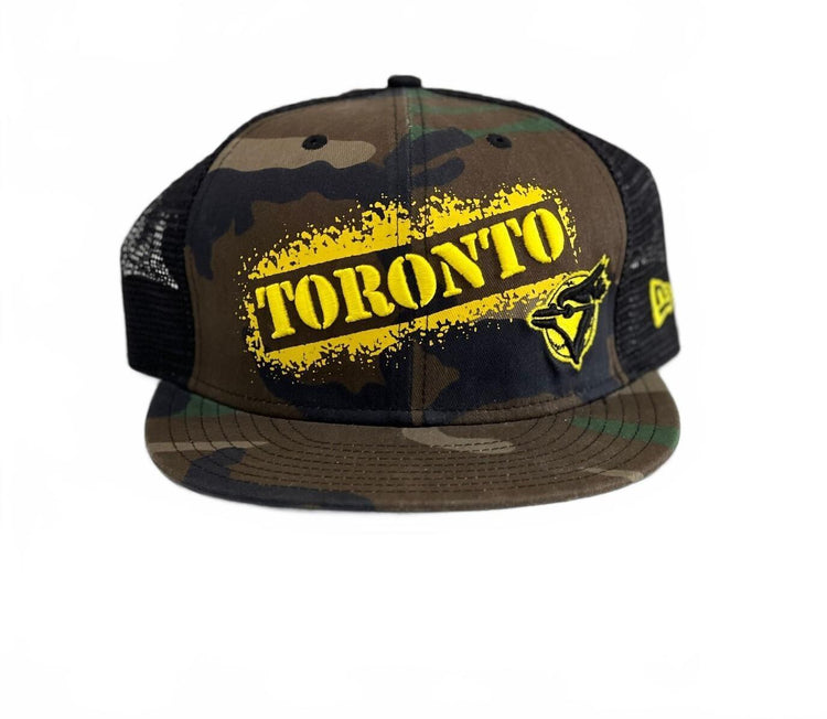 New Era Toronto Blue Jays Camo Mesh Baseball Hat Yellow Logo MLB Size 7 3/8